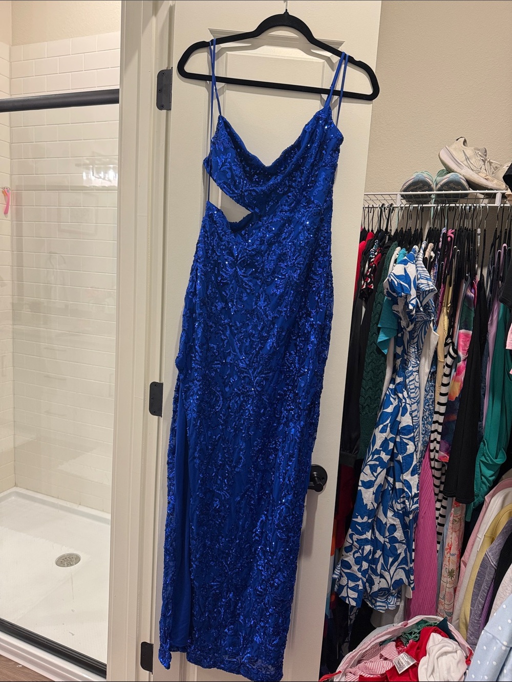 Windsor Royal Blue Sequin Cowl Neck Prom Dress
